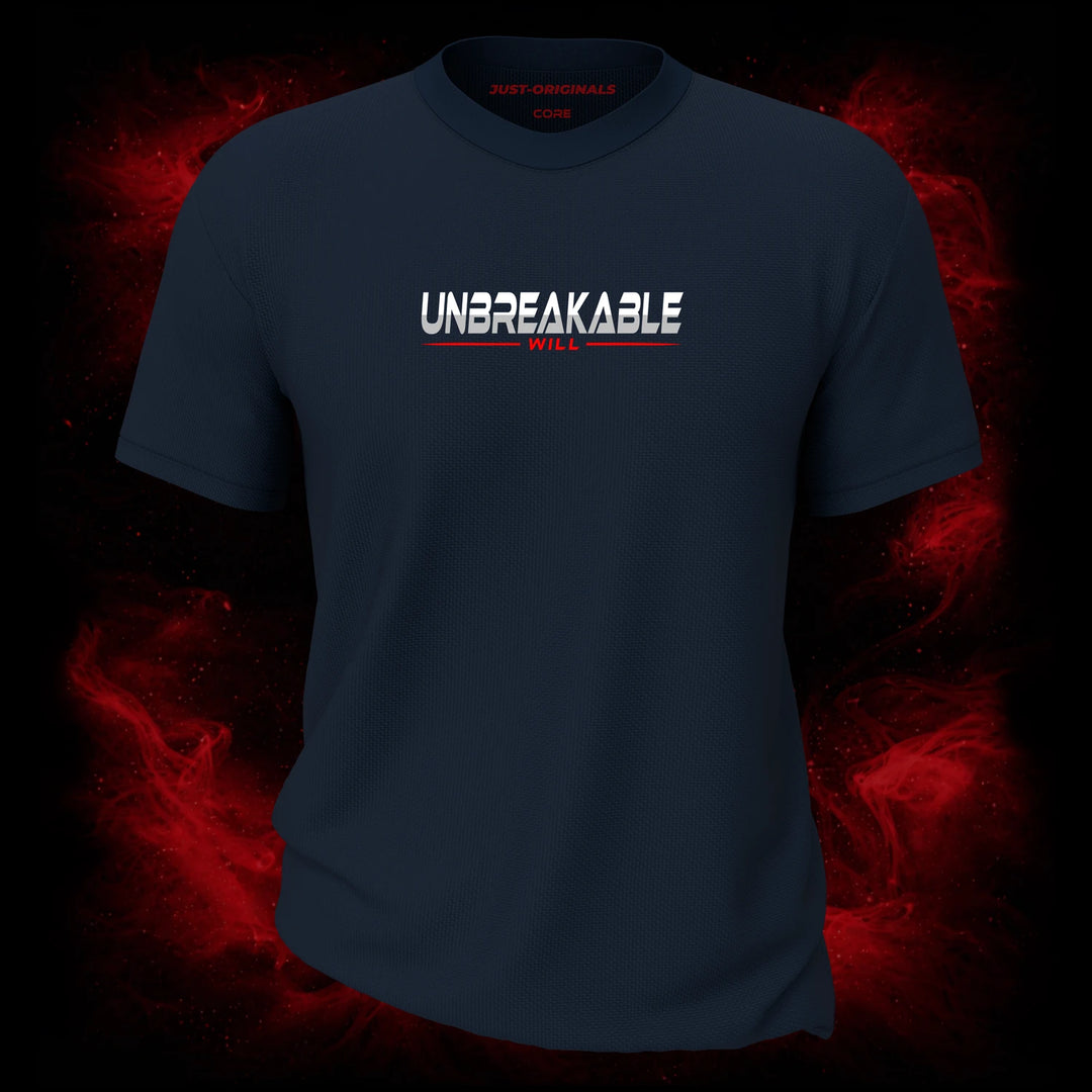 MAXPULSE™ CORE | UNBREAKABLE WILL | Men Tee | Bold white and red text design with red underline on StormPulse™ shirt | Featured in MAXPULSE™ CORE Men Tee