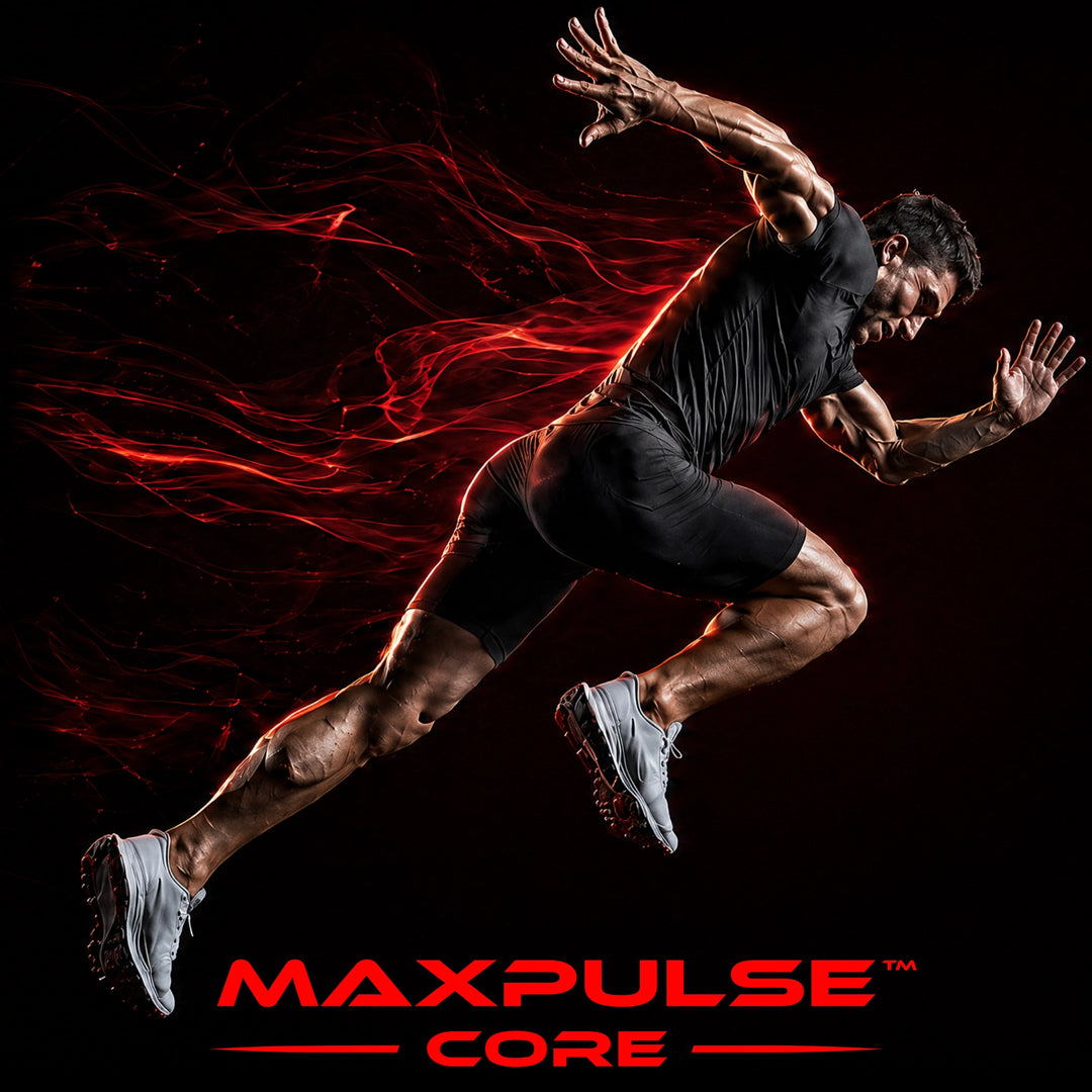 MAXPULSE™ CORE training level card featuring a sprinting athlete with red energy smoke on a black background for JUST-ORIGINALS performance apparel.