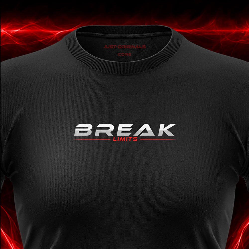 Close-up of the JUST-ORIGINALS™ MAXPULSE CORE Women BREAK LIMITS design on a BlackPulse™ performance t-shirt, featuring white BREAK typography, red LIMITS text, red performance accent line, and premium neck label.