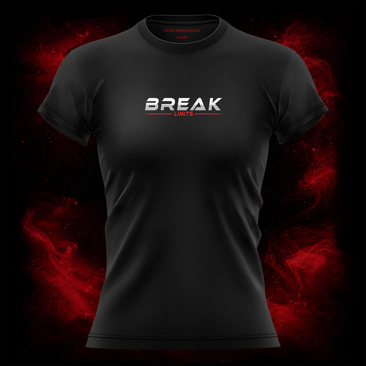 MAXPULSE™ CORE | BREAK LIMITS | Women Tee | White BREAK text with red LIMITS underline on BlackPulse™ shirt | Featured in MAXPULSE™ CORE Women Tee