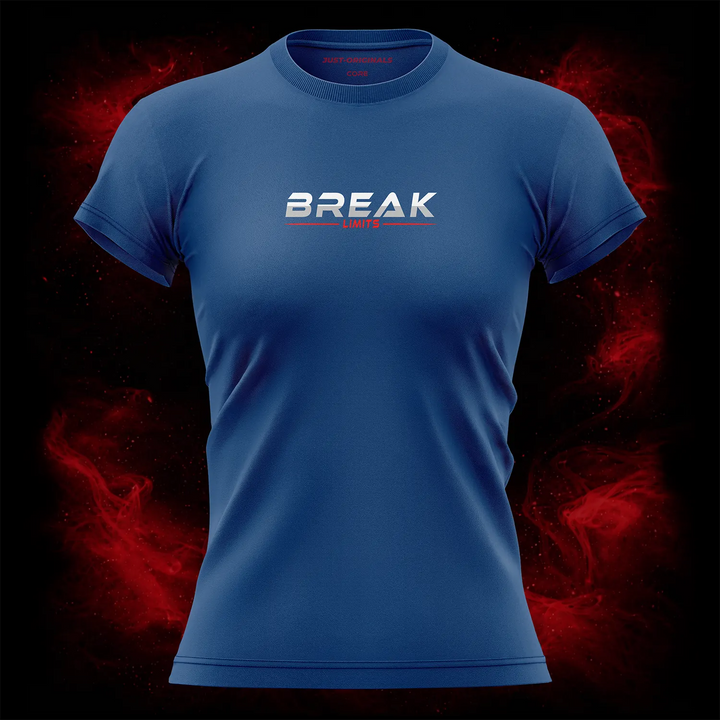 MAXPULSE™ CORE | BREAK LIMITS | Women Tee | White BREAK text with red LIMITS underline on RoyalPulse™ shirt | Featured in MAXPULSE™ CORE Women Tee