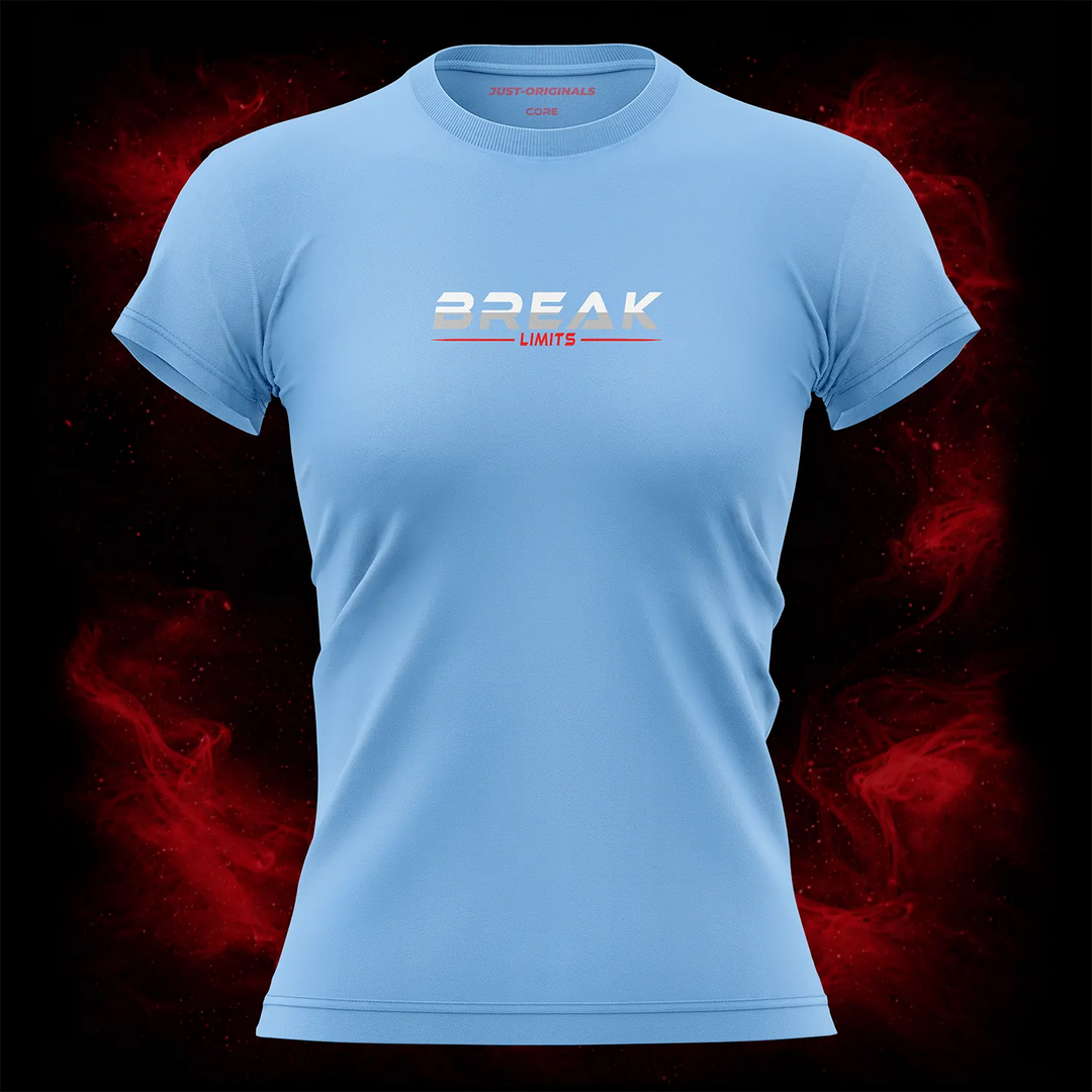 MAXPULSE™ CORE | BREAK LIMITS | Women Tee | White BREAK text with red LIMITS underline on SkyPulse™ shirt | Featured in MAXPULSE™ CORE Women Tee
