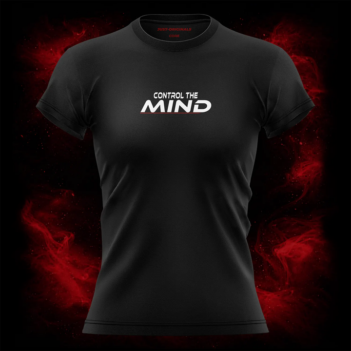 MAXPULSE™ CORE | CONTROL THE MIND | Women Performance Tee | White text with red underline accent on BlackPulse™ shirt | Featured in MAXPULSE™ CORE Women Tee