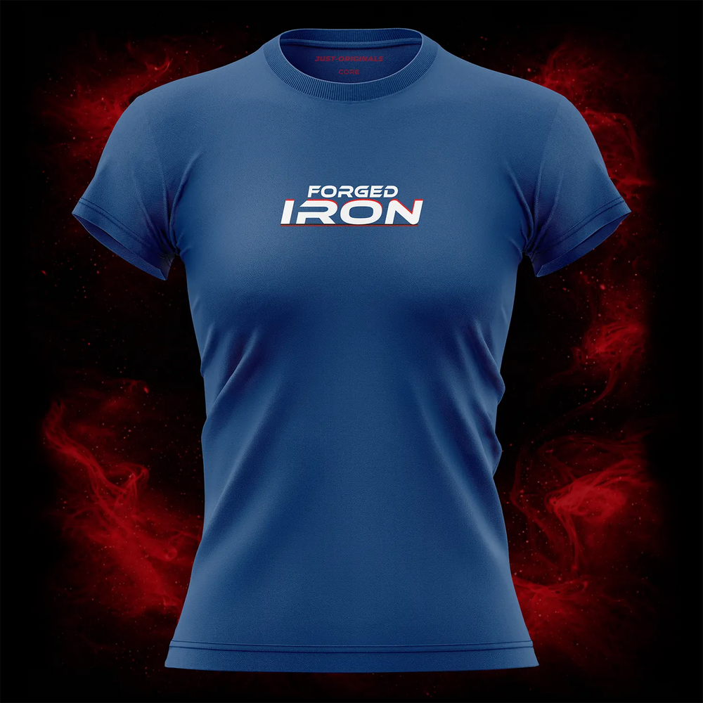 MAXPULSE™ CORE | FORGED IRON | Women Performance Tee | White and red accent text design on RoyalPulse™ shirt | Featured in MAXPULSE™ CORE Women Performance Tee