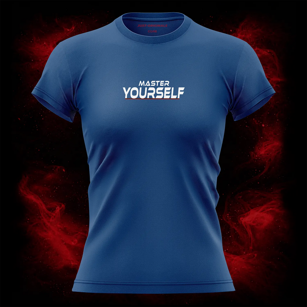 MAXPULSE™ CORE | MASTER YOURSELF | Women Performance Tee | White text with red underline accent on RoyalPulse™ shirt | Featured in MAXPULSE™ CORE Women Tee