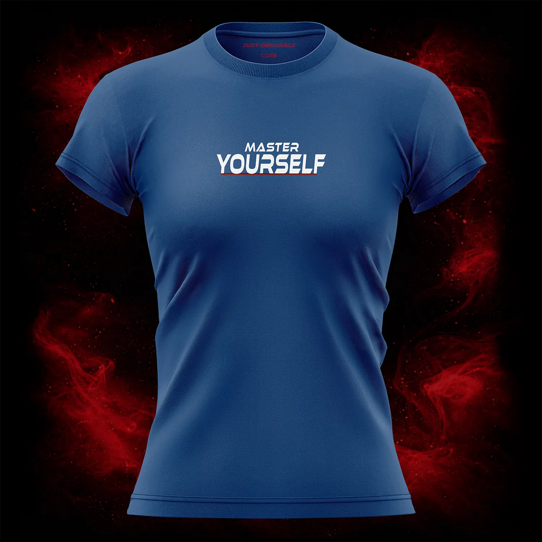 MAXPULSE™ CORE | MASTER YOURSELF | Women Performance Tee | White text with red underline accent on RoyalPulse™ shirt | Featured in MAXPULSE™ CORE Women Tee