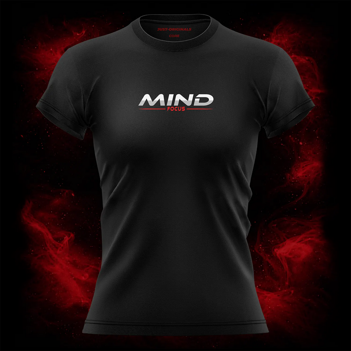 MAXPULSE™ CORE | MIND FOCUS | Women Tee | Bold white text with red underline on BlackPulse™ shirt | Featured in MAXPULSE™ CORE Women Tee