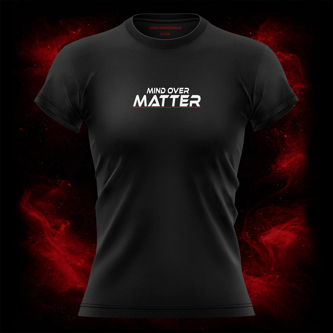 MAXPULSE™ CORE | MIND OVER MATTER | Women Performance Tee | White text with red underline accent on BlackPulse™ shirt | Featured in MAXPULSE™ CORE Women Tee