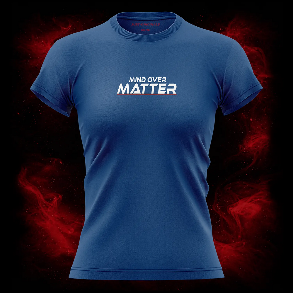 MAXPULSE™ CORE | MIND OVER MATTER | Women Performance Tee | White text with red underline accent on RoyalPulse™ shirt | Featured in MAXPULSE™ CORE Women Tee