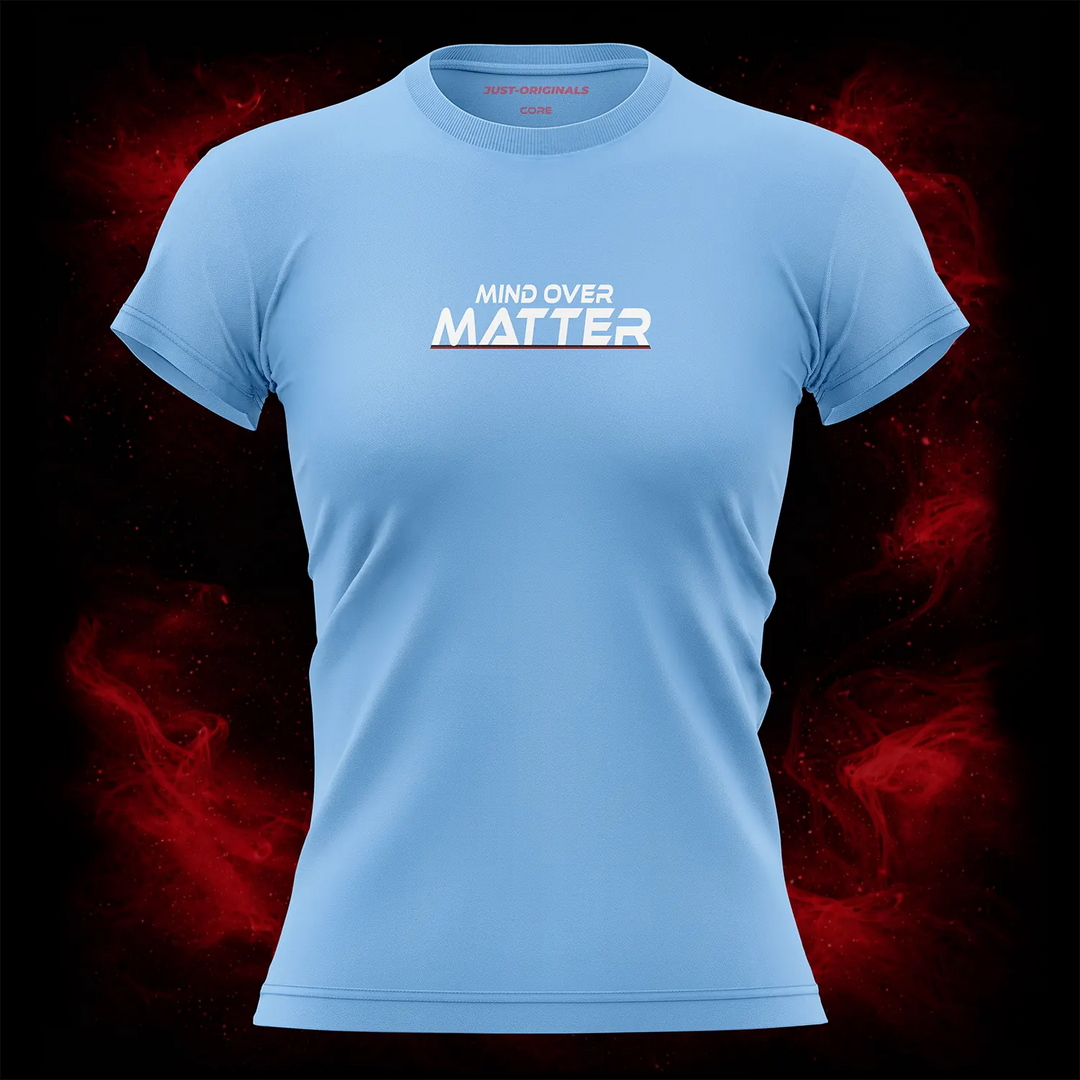 MAXPULSE™ CORE | MIND OVER MATTER | Women Performance Tee | White text with red underline accent on SkyPulse™ shirt | Featured in MAXPULSE™ CORE Women Tee
