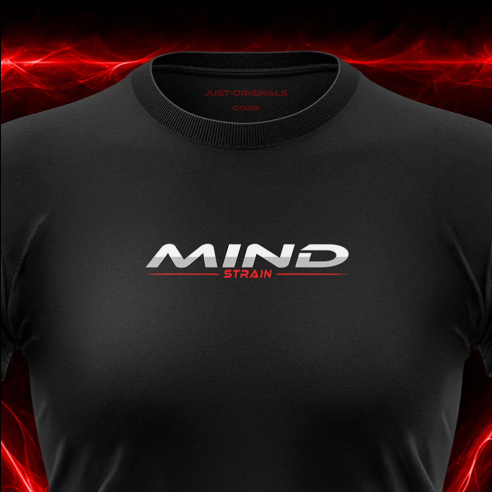 Close-up of the JUST-ORIGINALS™ MAXPULSE™ CORE Women MIND STRAIN design on a BlackPulse™ performance t-shirt, featuring white and silver MIND typography, red STRAIN text, red accent line, red premium neck label, and premium athletic fabric.