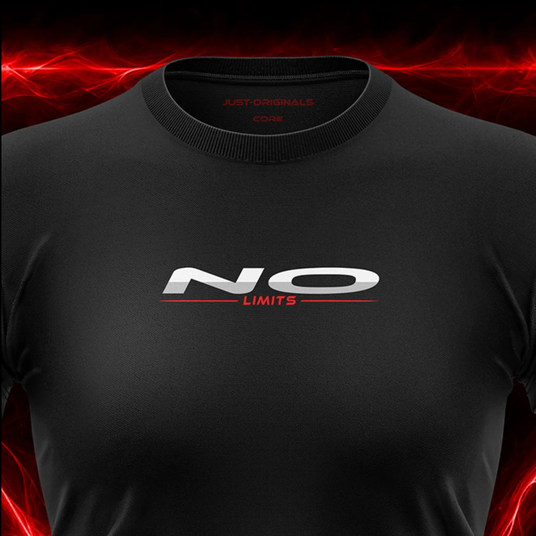 JUST-ORIGINALS™ MAXPULSE™ CORE Women Tee — NO LIMITS design close-up on BlackPulse™ performance fabric featuring white typography with red accent line.
