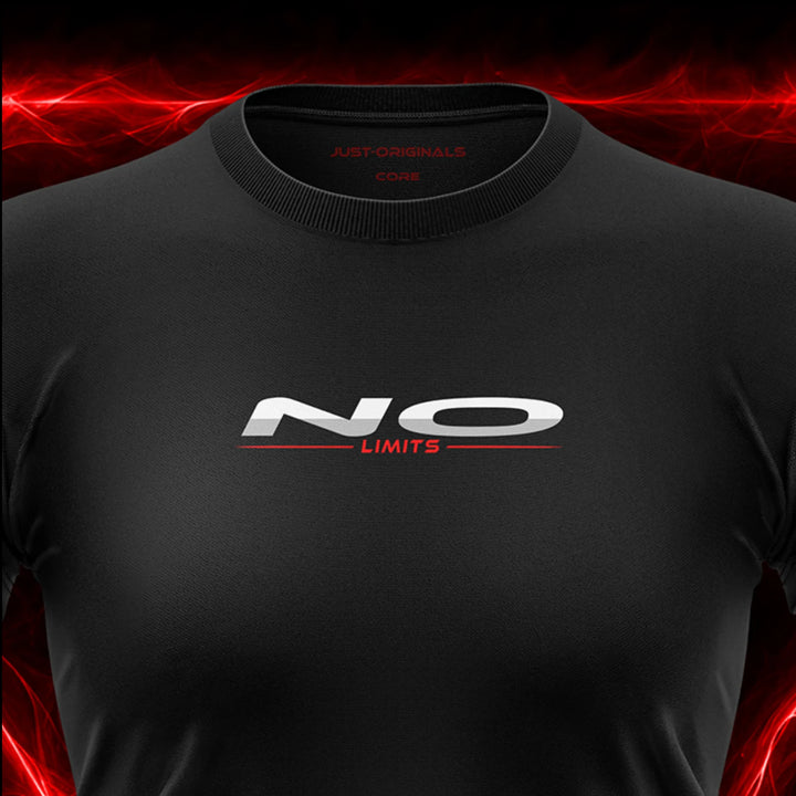 JUST-ORIGINALS™ MAXPULSE™ CORE Women Tee — NO LIMITS design close-up on BlackPulse™ performance fabric featuring white typography with red accent line.