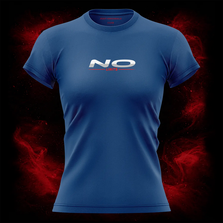 MAXPULSE™ CORE | NO LIMITS | Women Tee | White NO text with red LIMITS underline on RoyalPulse™ shirt | Featured in MAXPULSE™ CORE Women Tee