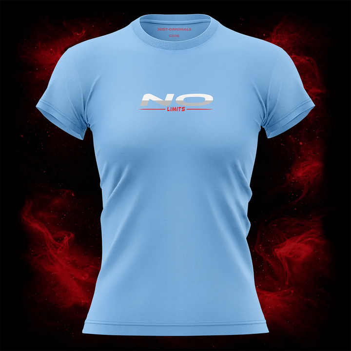 MAXPULSE™ CORE | NO LIMITS | Women Tee | White NO text with red LIMITS underline on SkyPulse™ shirt | Featured in MAXPULSE™ CORE Women Tee