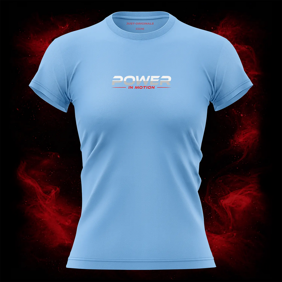 MAXPULSE™ CORE | POWER IN MOTION | Women Tee | White and red text design on SkyPulse™ shirt | Featured in MAXPULSE™ CORE Women Tee