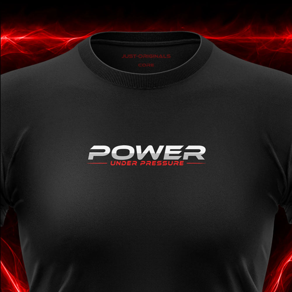 Close-up of the JUST-ORIGINALS™ MAXPULSE™ CORE Women POWER UNDER PRESSURE design on a BlackPulse™ performance t-shirt, featuring white and silver POWER typography, red UNDER PRESSURE text, red accent line, red premium neck label, and premium athletic fabric.