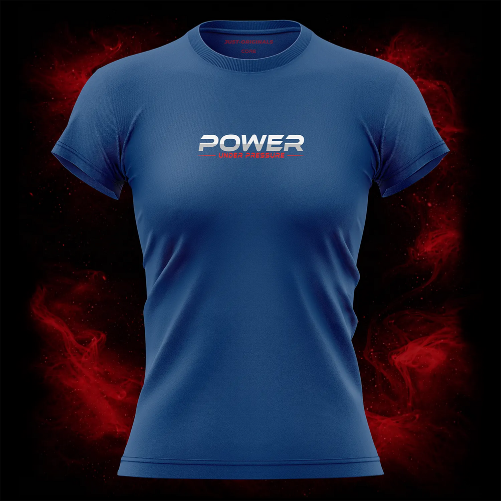 MAXPULSE™ CORE | POWER UNDER PRESSURE | Women Tee | White and red text design on RoyalPulse™ shirt | Featured in MAXPULSE™ CORE Women Tee