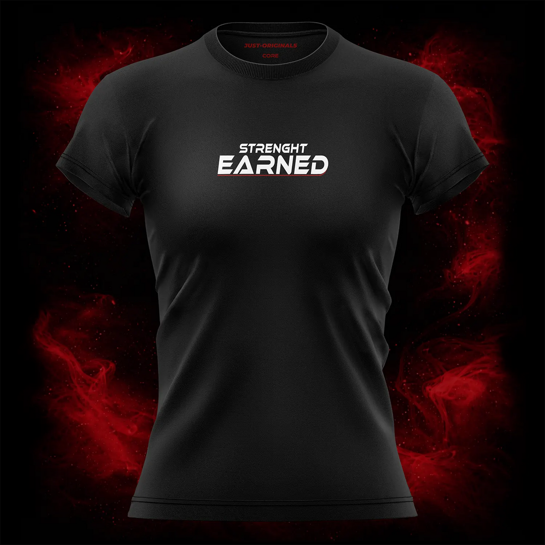 MAXPULSE™ CORE | STRENGTH EARNED | Women Performance Tee | White and red accent text design on BlackPulse™ shirt | Featured in MAXPULSE™ CORE Women Performance Tee