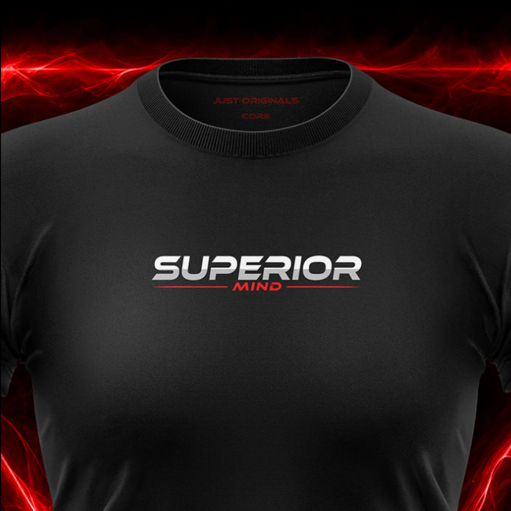 Close-up of the JUST-ORIGINALS™ MAXPULSE™ CORE Women SUPERIOR MIND design on a BlackPulse™ performance t-shirt, featuring white and silver SUPERIOR typography, red MIND text, red accent line, red premium neck label, and premium athletic fabric.