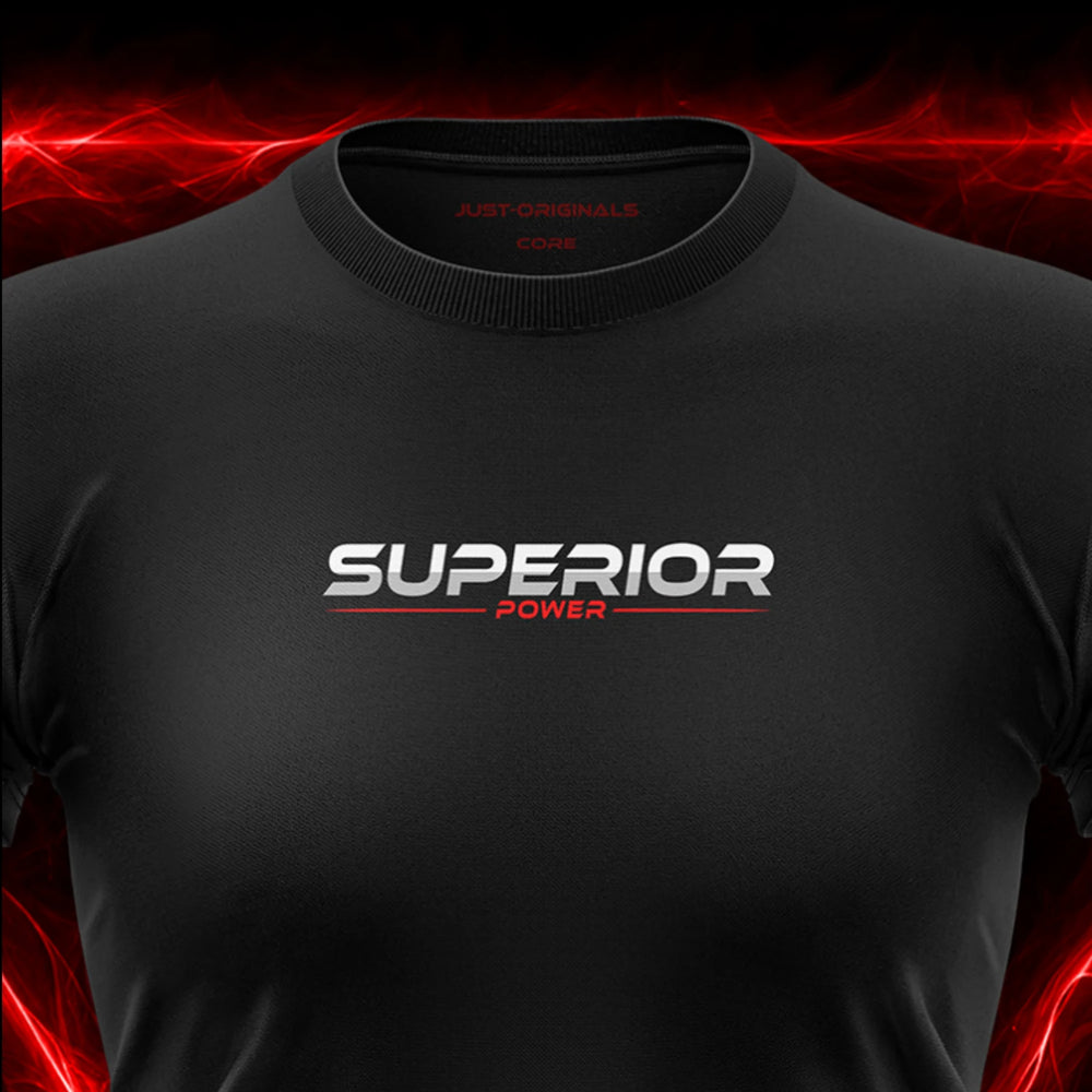 Close-up of the JUST-ORIGINALS™ MAXPULSE™ CORE Women SUPERIOR POWER design on a BlackPulse™ performance t-shirt, featuring white and silver SUPERIOR typography, red POWER text, red accent line, red premium neck label, and premium athletic fabric.