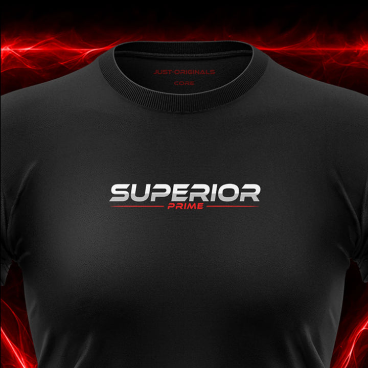 Close-up of the JUST-ORIGINALS™ MAXPULSE™ CORE Women SUPERIOR PRIME design on a BlackPulse™ performance t-shirt, featuring white and silver SUPERIOR typography, red PRIME text, red accent line, red premium neck label, and premium athletic fabric.