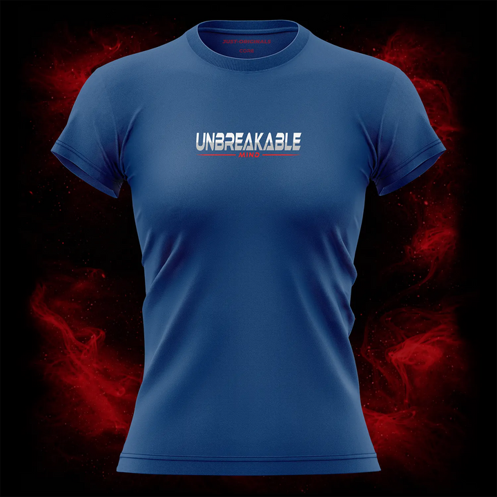 MAXPULSE™ CORE | UNBREAKABLE MIND | Women Tee | Bold white and red text design with red underline on RoyalPulse™ shirt | Featured in MAXPULSE™ CORE Women Tee