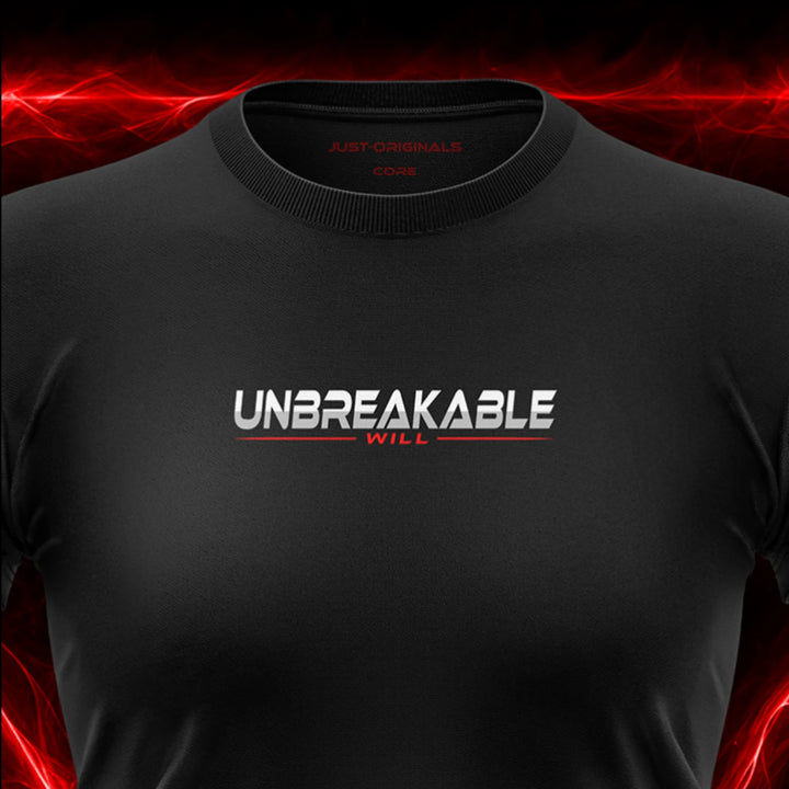 Close-up of the JUST-ORIGINALS™ MAXPULSE™ CORE Women UNBREAKABLE WILL design on a BlackPulse™ performance t-shirt, featuring white and silver UNBREAKABLE typography, red WILL text, red accent line, red premium neck label, and premium athletic fabric.