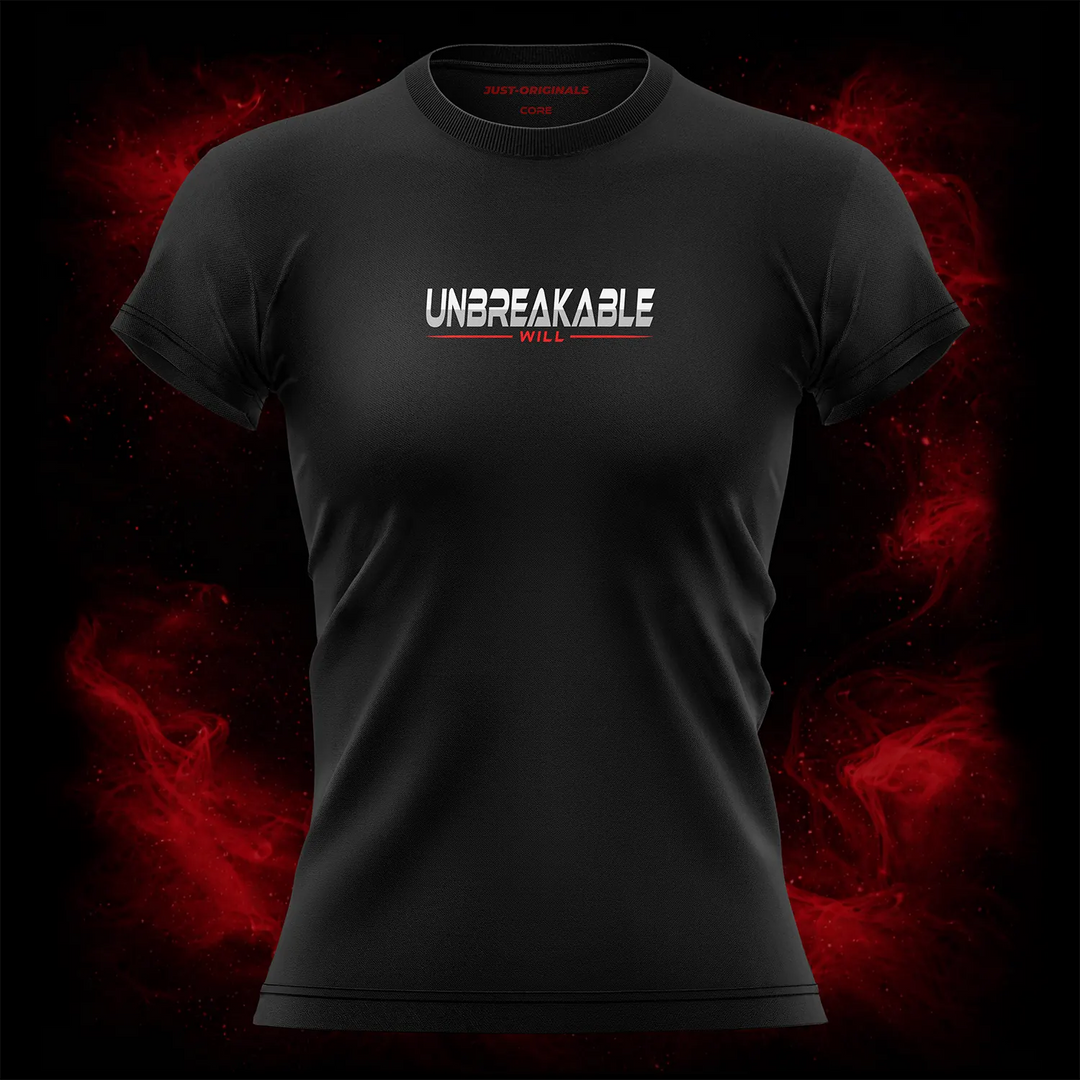 MAXPULSE™ CORE | UNBREAKABLE WILL | Women Tee | Bold white and red text design with red underline on BlackPulse™ shirt | Featured in MAXPULSE™ CORE Women Tee