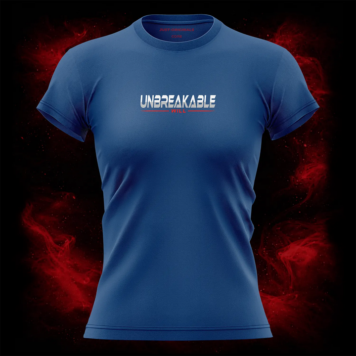 MAXPULSE™ CORE | UNBREAKABLE WILL | Women Tee | Bold white and red text design with red underline on RoyalPulse™ shirt | Featured in MAXPULSE™ CORE Women Tee