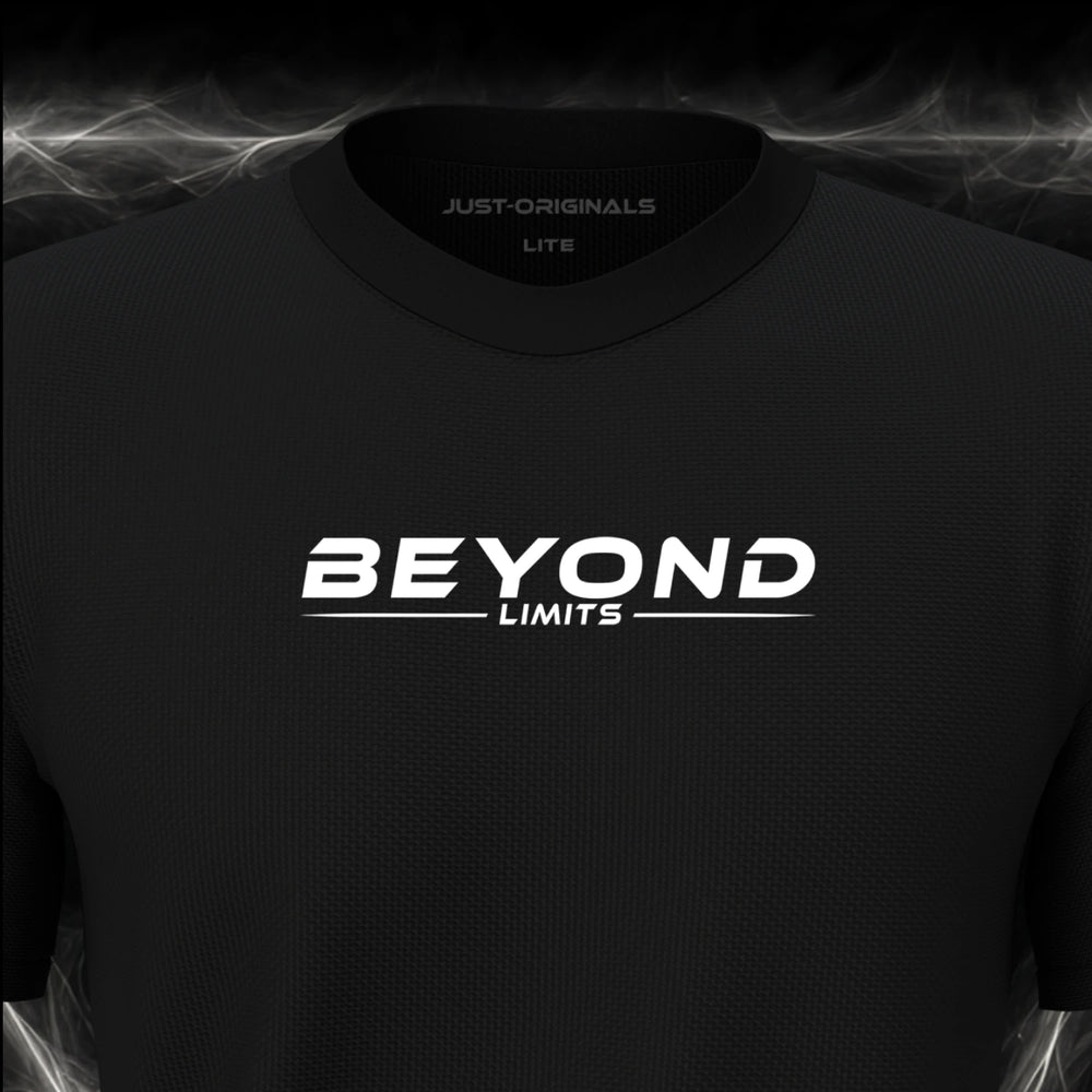 Close-up of the JUST-ORIGINALS™ MAXPULSE™ LITE Men BEYOND LIMITS design on a BlackPulse™ performance t-shirt, featuring white BEYOND LIMITS typography, a white underline, and premium neck label.