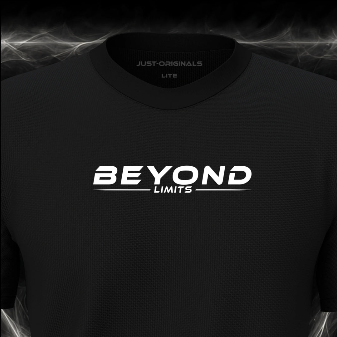 Close-up of the JUST-ORIGINALS™ MAXPULSE™ LITE Men BEYOND LIMITS design on a BlackPulse™ performance t-shirt, featuring white BEYOND LIMITS typography, a white underline, and premium neck label.
