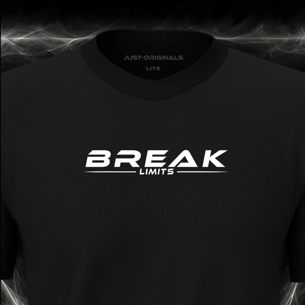 Close-up of the JUST-ORIGINALS™ MAXPULSE™ LITE Men BREAK LIMITS design on a BlackPulse™ performance t-shirt, featuring white BREAK LIMITS typography, a white underline, and premium neck label.