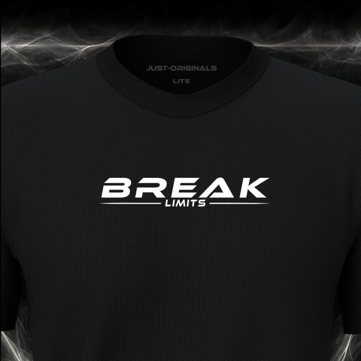 Close-up of the JUST-ORIGINALS™ MAXPULSE™ LITE Men BREAK LIMITS design on a BlackPulse™ performance t-shirt, featuring white BREAK LIMITS typography, a white underline, and premium neck label.