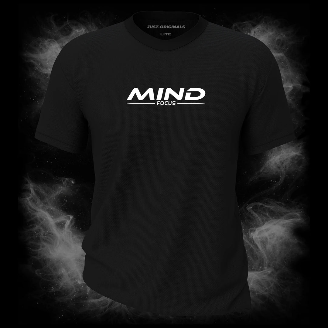 MAXPULSE™ LITE Men Tee – MIND FOCUS design on BlackPulse™ colorway with clean white performance typography