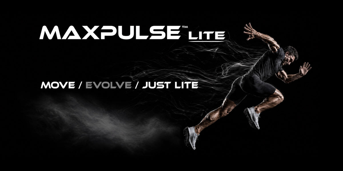 MAXPULSE™ LITE Men banner featuring a sprinting athlete with white energy trails, grey smoke background, and the slogan Move / Evolve / Just Lite.