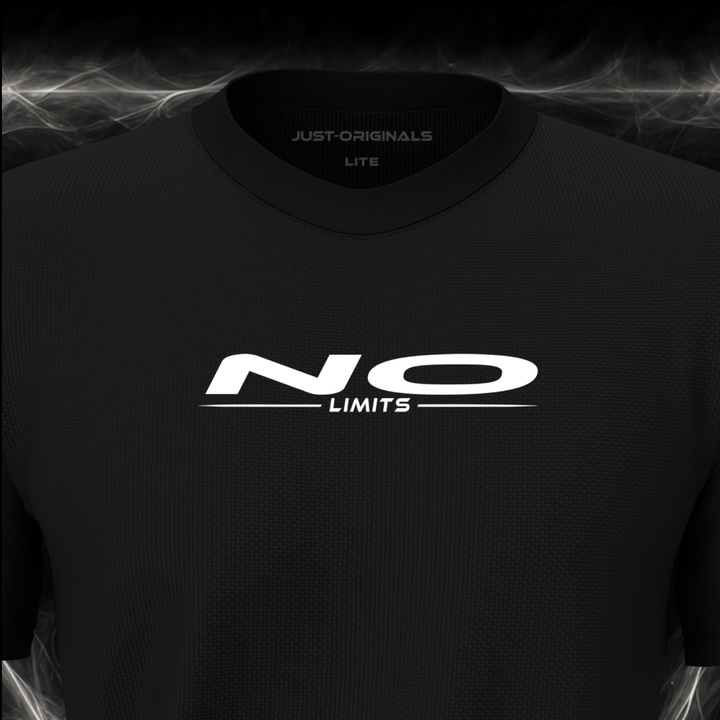 MAXPULSE™ LITE Men Tee — NO LIMITS design close-up on BlackPulse™ colorway with clean white performance typography.