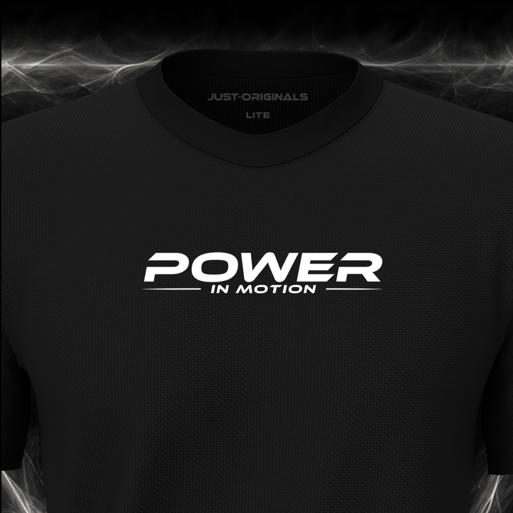Close-up of the JUST-ORIGINALS™ MAXPULSE™ LITE Men POWER IN MOTION design on a BlackPulse™ performance t-shirt, featuring white POWER typography, white IN MOTION text, a white underline, and premium neck label.