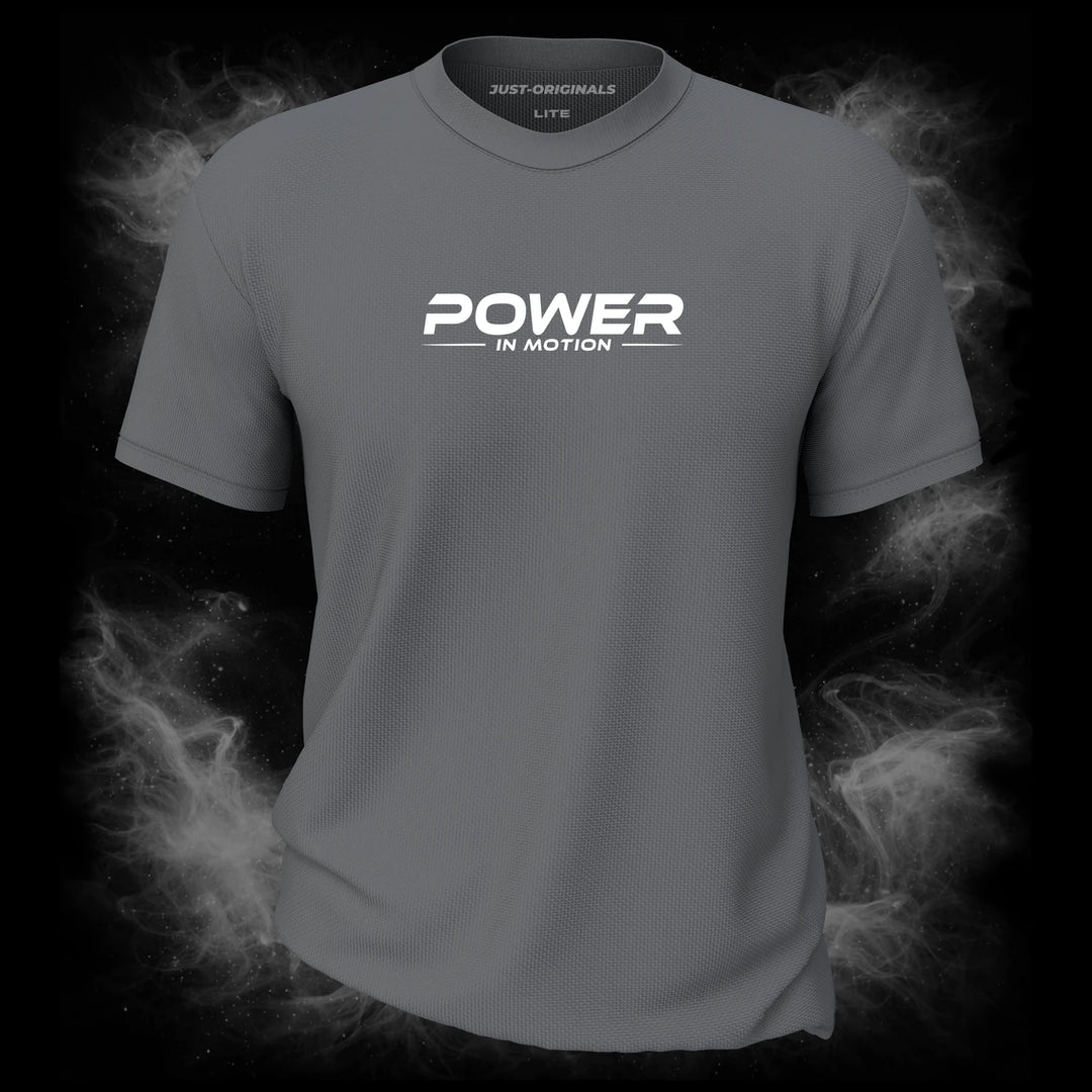 MAXPULSE™ LITE Men Tee – POWER IN MOTION design on SteelPulse™ colorway with clean white performance typography