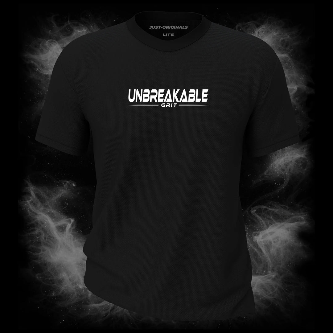 MAXPULSE™ LITE Men Tee – UNBREAKABLE GRIT design on BlackPulse™ colorway with white performance typography