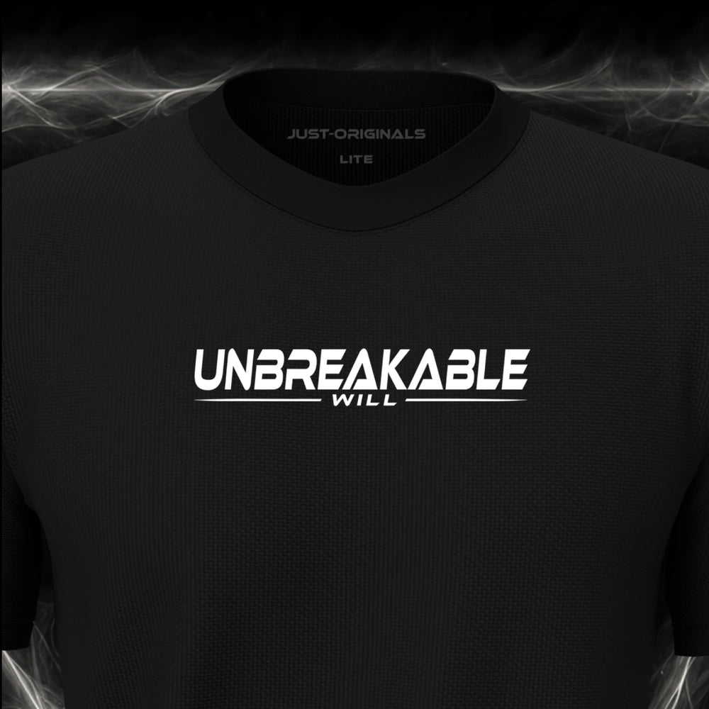 Close-up of the JUST-ORIGINALS™ MAXPULSE™ LITE Men UNBREAKABLE WILL design on a BlackPulse™ performance t-shirt, featuring white UNBREAKABLE typography, white WILL text, a white underline, and premium neck label.