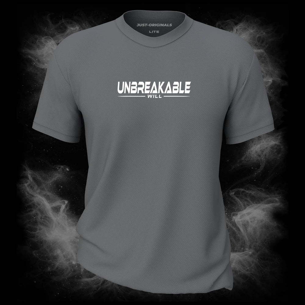 MAXPULSE™ LITE Men Tee – UNBREAKABLE WILL design on SteelPulse™ colorway with clean white performance typography