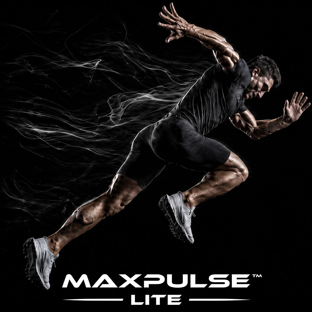 MAXPULSE™ LITE training level card featuring a sprinting athlete with white energy smoke on a black background for JUST-ORIGINALS performance apparel.