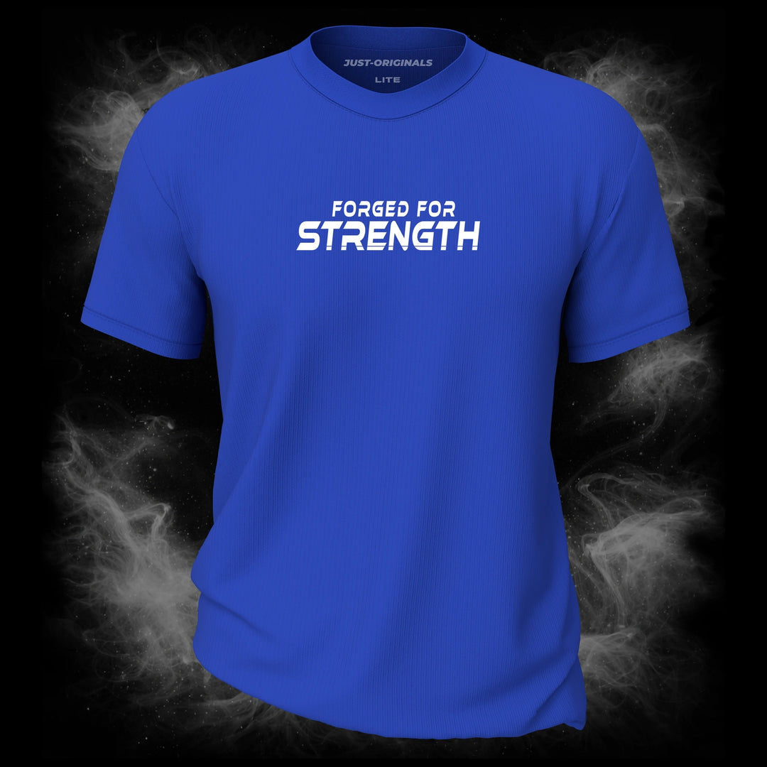 MAXPULSE™ LITE | FORGED FOR STRENGTH | Unisex Essential Tee | White motivational text design on RoyalPulse™ shirt | Featured in MAXPULSE™ LITE Unisex Essential Tee