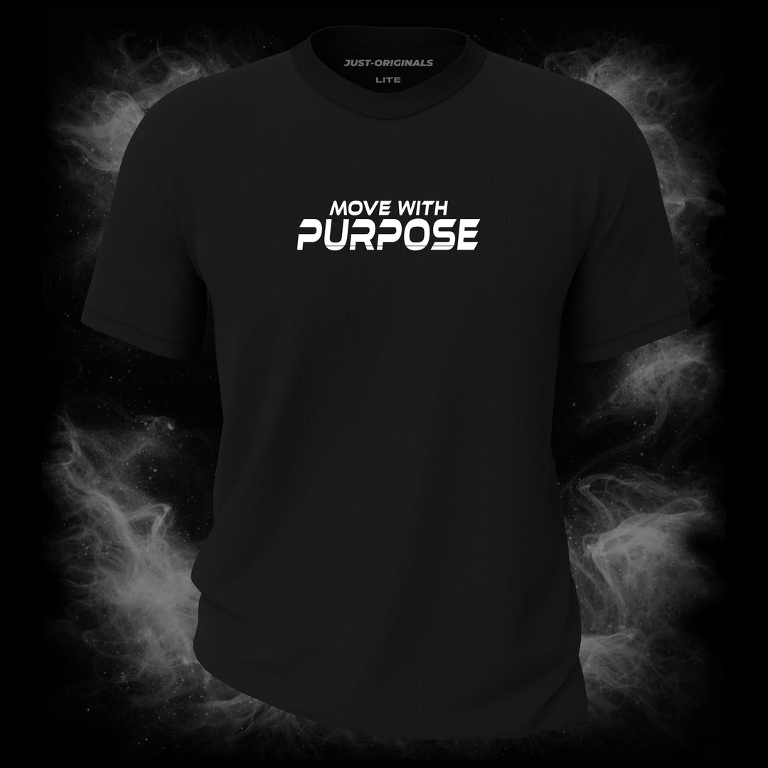 MAXPULSE™ LITE | MOVE WITH PURPOSE | Front Design | Clean white MOVE WITH PURPOSE typography centered on BlackPulse™ everyday unisex tee | Featured in MAXPULSE™ LITE Unisex Tee