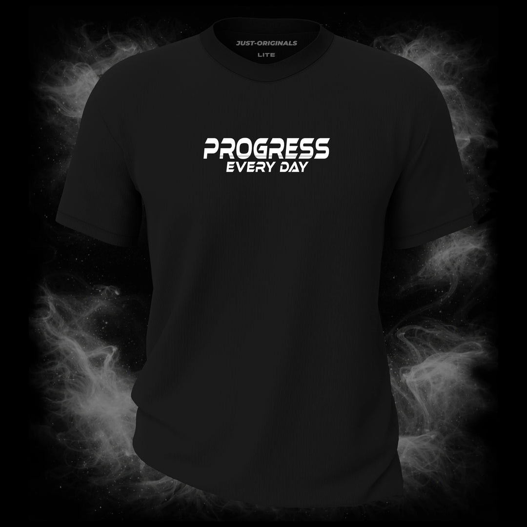 MAXPULSE™ LITE | PROGRESS EVERY DAY | Unisex Essential Tee | White motivational text design on BlackPulse™ shirt | Featured in MAXPULSE™ LITE Unisex Essential Tee