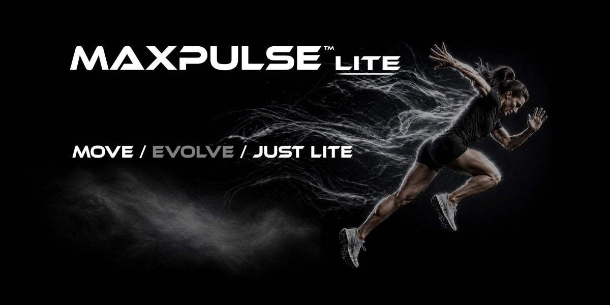 MAXPULSE™ LITE Women banner featuring a female sprinter with white energy trails on a black background, white MAXPULSE™ LITE heading, and the slogan MOVE / EVOLVE / JUST LITE.