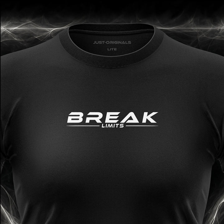 Close-up of the JUST-ORIGINALS™ MAXPULSE LITE Women BREAK LIMITS design on a BlackPulse™ performance t-shirt, featuring white BREAK typography, white LIMITS text, white accent line, and premium neck label.
