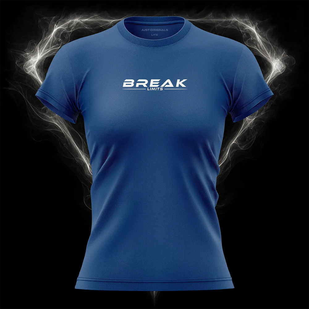 MAXPULSE™ LITE Women Tee — BREAK LIMITS design on RoyalPulse™ colorway with white performance typography.