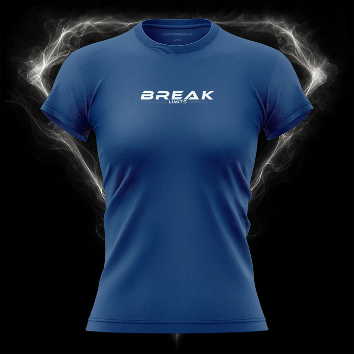 MAXPULSE™ LITE Women Tee — BREAK LIMITS design on RoyalPulse™ colorway with white performance typography.